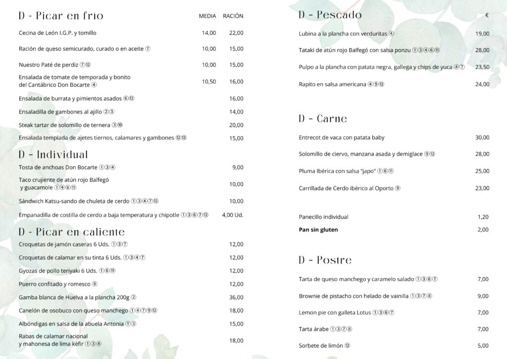 CARTA D-VORO Carta restaurante D-VORO